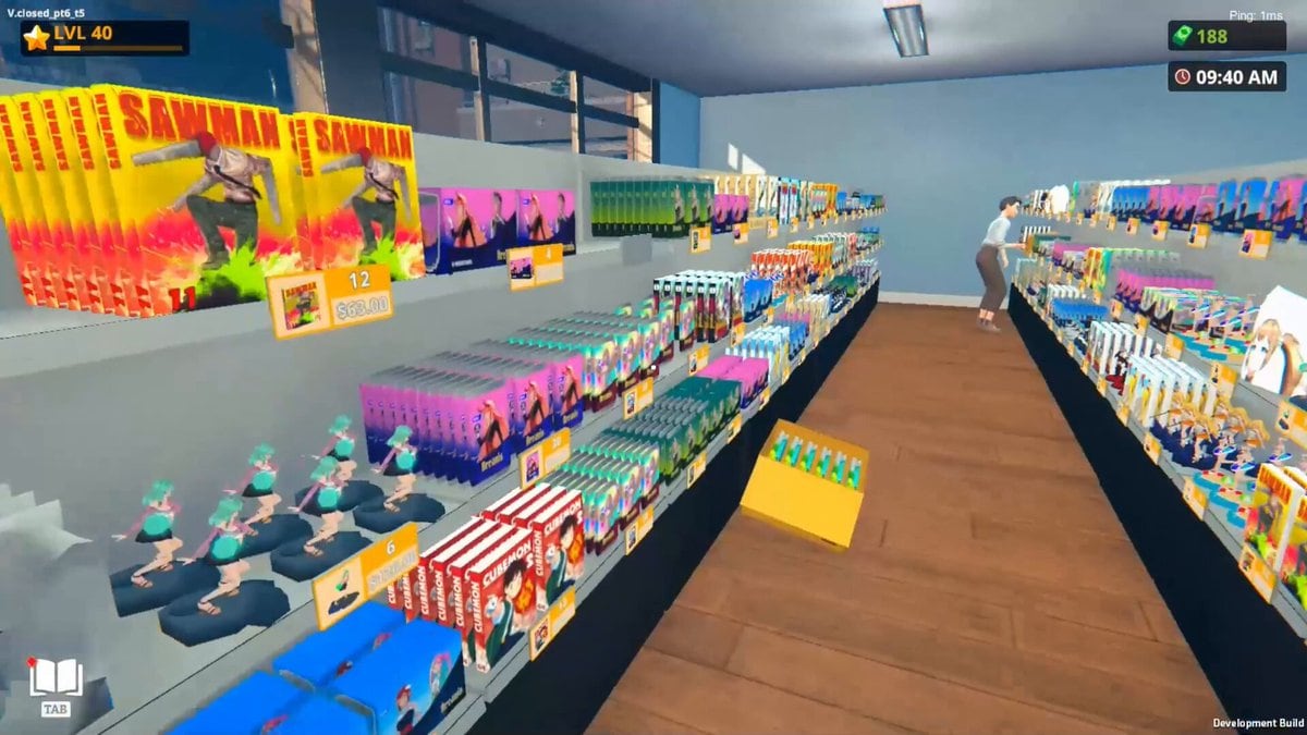 First-person view inside an Anime Shop Simulator store with manga shelves and neon displays