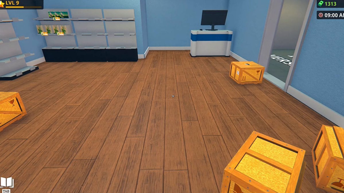 Wide shot of an Anime Shop Simulator shop floor with figures, cards, and checkout